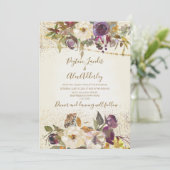 Elegant Ivory Cream Paarse Floral Glitter Wedding Kaart (Staand voorkant)