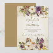 Elegant Ivory Cream Paarse Floral Glitter Wedding Kaart (Voorkant / Achterkant)