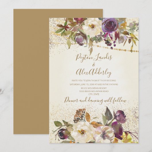 Elegant Ivory Cream Paarse Floral Glitter Wedding Kaart (Voorkant / Achterkant)