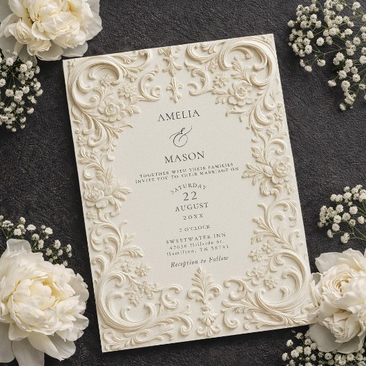 Elegant Ivory Embossed Style Baroque Wedding Kaart