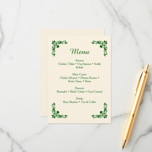 Elegant Ivory & Emerald Floral Wedding Menu (Voorkant / Achterkant in situ)