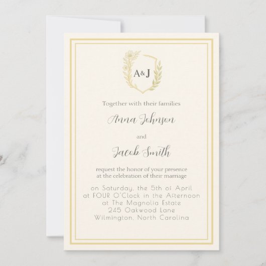 Elegant Ivory & Faux Gold Crest with Floral Accent Kaart (Voorkant)