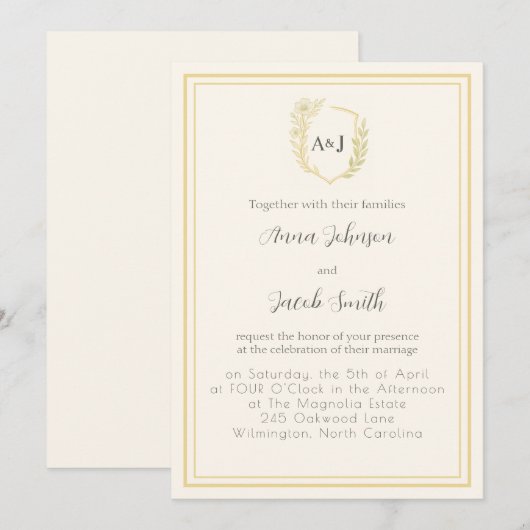 Elegant Ivory & Faux Gold Crest with Floral Accent Kaart (Voorkant / Achterkant)