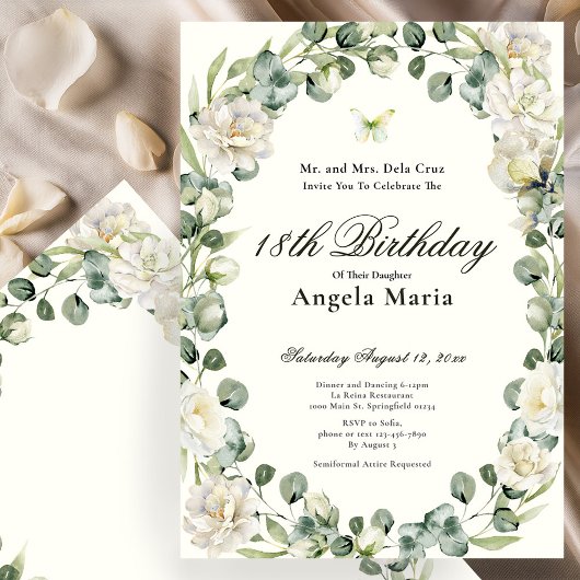 Elegant Ivory Floral 18th Birthday Debut Kaart
