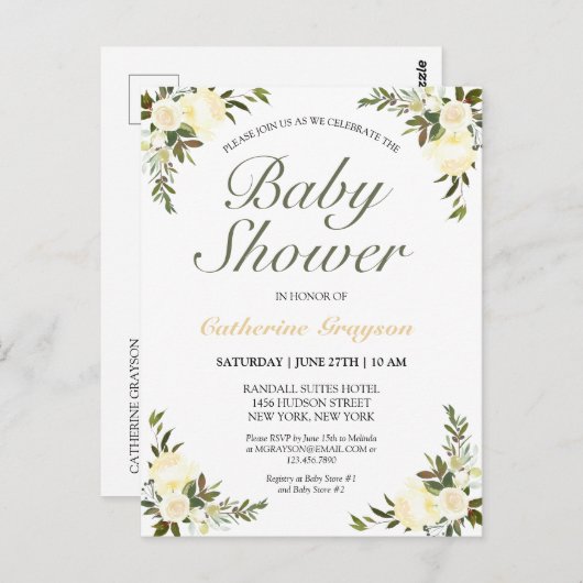 Elegant Ivory Floral Baby shower Uitnodiging (Voorkant / Achterkant)