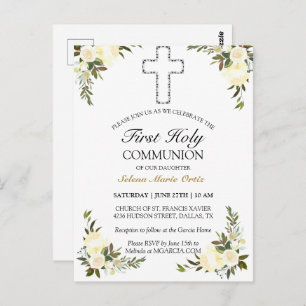 Elegant Ivory Floral Briefkaart eerste Heilige Com