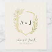 Elegant Ivory Floral Crest Monogram Wedding Wijn Etiket (Enkel label)