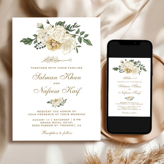 Elegant Ivory Floral Islamic Muslim Wedding Kaart