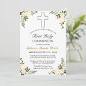 Elegant Ivory Floral Roos Eerste Heilige Communie Kaart (Staand voorkant)