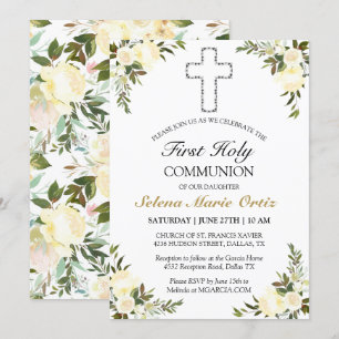 Elegant Ivory Floral Roos Eerste Heilige Communie Kaart