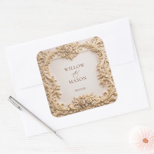 Elegant Ivory Floral Scroll Wedding Vierkante Sticker (Envelop)
