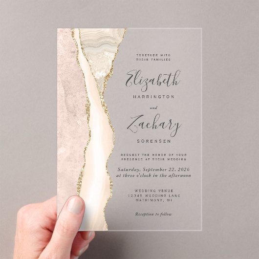 Elegant Ivory Gold Agate Wedding Acryl Uitnodigingen (Insitu (Draagbaar))