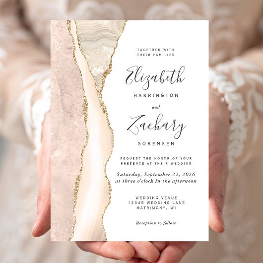 Elegant Ivory Gold Agate Wedding Kaart