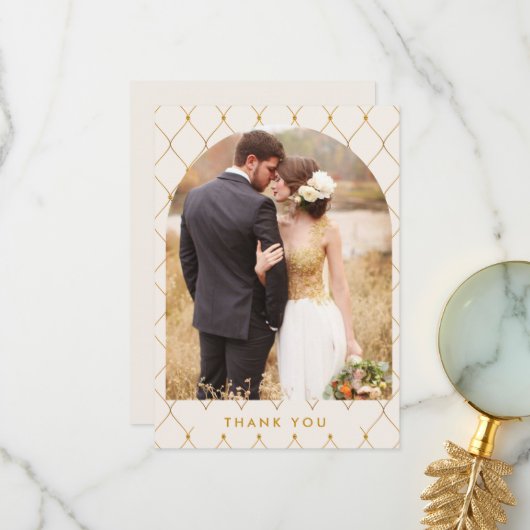 Elegant Ivory Gold Arch Photo Wedding Bedankkaart (Voorkant / Achterkant in situ)