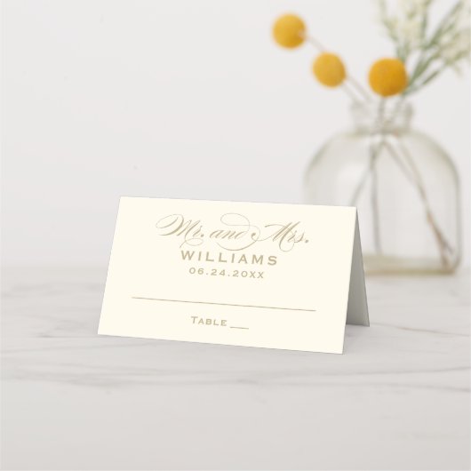 Elegant Ivory Gold Calligraphy Weddenemonogram Plaatskaartje (Voorkant)