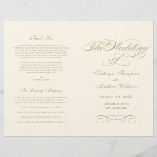 Elegant Ivory Gold Calligraphy Wedding Programs (Voorkant)
