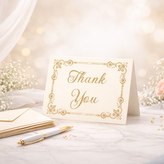 Elegant Ivory Gold Filigree Script Thank You Bedankkaart
