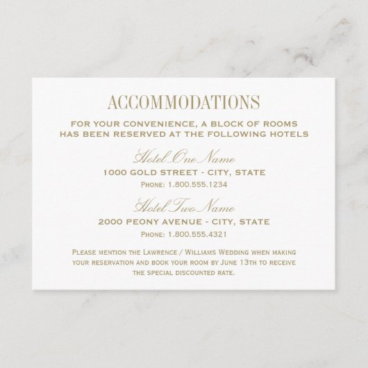 Elegant Ivory Gold Wedding Accommodations Informatiekaartje (Voorkant)