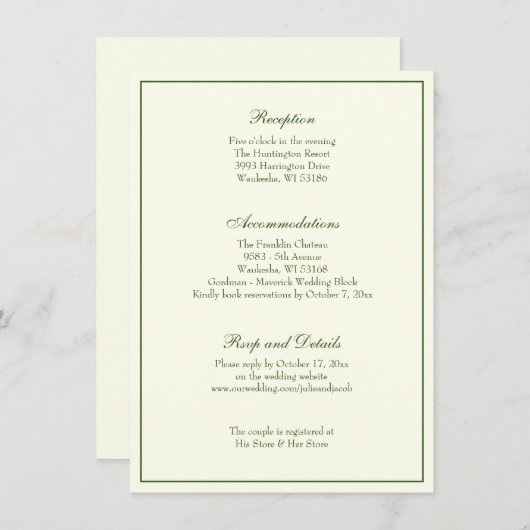 Elegant Ivory Green Wedding Reception Uitnodiging (Voorkant / Achterkant)