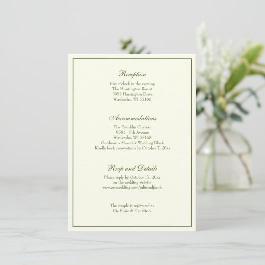 Elegant Ivory Green Wedding Reception Uitnodiging (Staand voorkant)