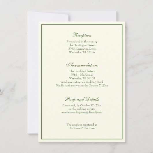 Elegant Ivory Green Wedding Reception Uitnodiging (Voorkant)