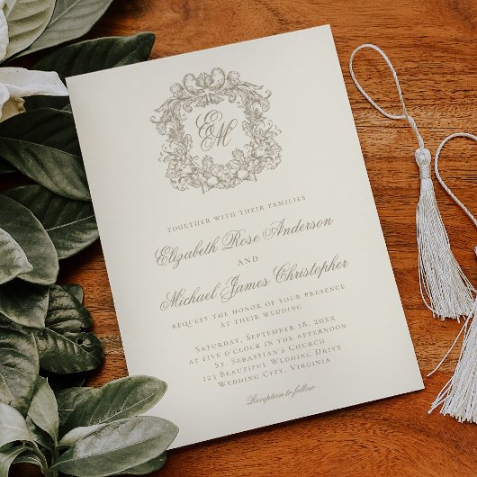 Elegant Ivory Monogram Crest Wedding Kaart