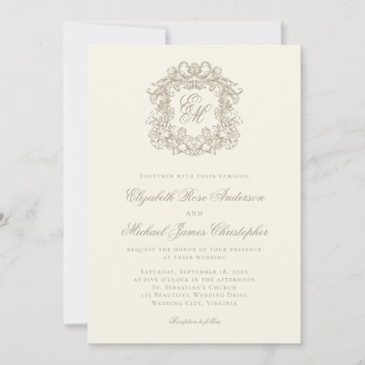 Elegant Ivory Monogram Crest Wedding Kaart (Voorkant)
