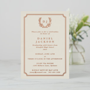 Elegant Ivory Monogram + Laurel Wreated Afstuderen Folie Uitnodiging