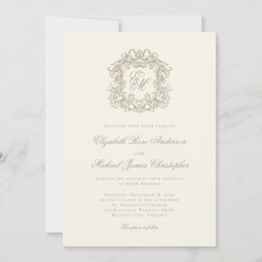 Elegant Ivory Ornate Monogram Crest Wedding Kaart (Voorkant)