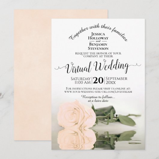 Elegant Ivory Peach Romantic Roos Virtual Wedding Kaart (Voorkant / Achterkant)