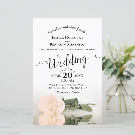 Elegant Ivory Peach Roos BUDGET Weddenschap Uitnod (Staand voorkant)