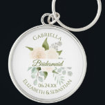 Elegant Ivory Peach Rozen Bridesmaid Wedding Keych Sleutelhanger<br><div class="desc">Deze sleutelhangers zijn ontworpen om bruidsmeisjes in je bruiloft te bevoordelen. Ze zijn voorzien van een prachtig handgeschilderd waterverf met een boeket van ivoren perzikkleurige rozen, eucalyptusbladeren en groen, met een witte banner in het midden: Bridesmaid in elegant moss green script lettering. Er is ruimte voor haar naam bovenaan, en...</div>