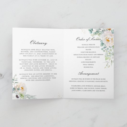 Elegant Ivory Peony Floral Greenery Foto Funeral Programma (Binnen)