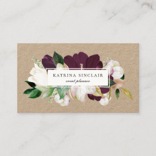 Elegant Ivory Plum Paars Floral Kraft Visitekaartje