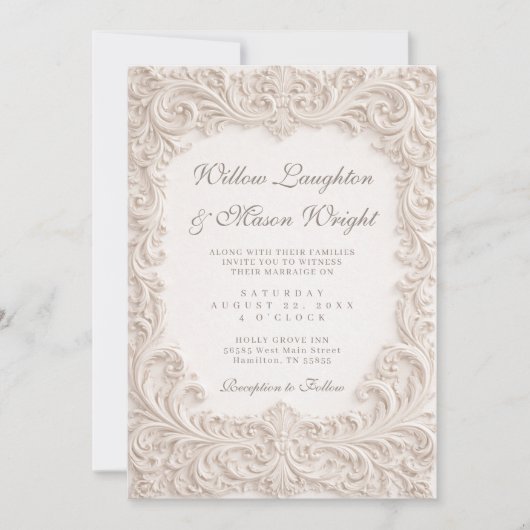 Elegant Ivory Rococo Scroll Wedding Invitation Kaart (Voorkant)