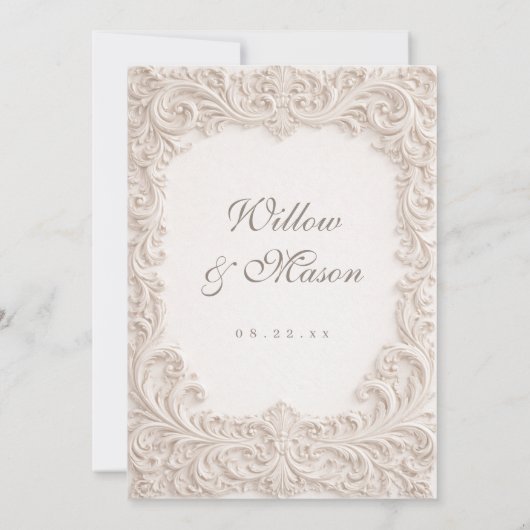 Elegant Ivory Rococo Scroll Wedding Invitation Kaart (Achterkant)