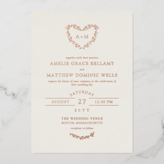 Elegant Ivory & Roos Gold Heart Wreath Weddenschap Folie Uitnodiging (Voorkant)