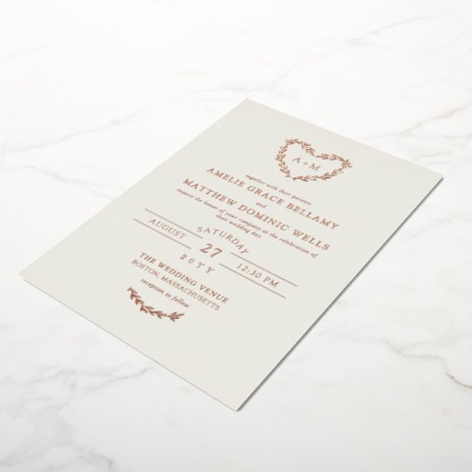 Elegant Ivory & Roos Gold Heart Wreath Weddenschap Folie Uitnodiging (Gedraaid)