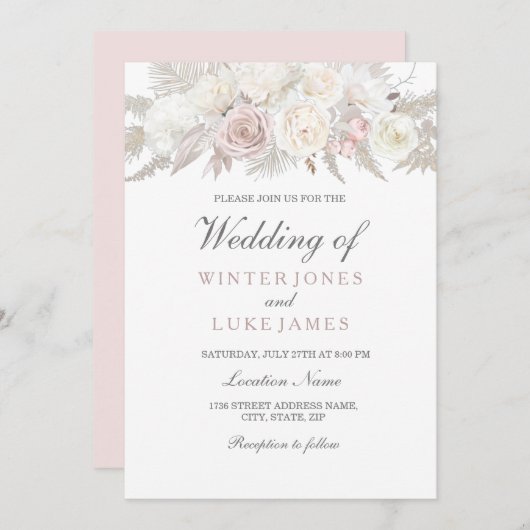 Elegant Ivory & Roos Winter Wonderland Wedding Kaart (Voorkant / Achterkant)