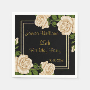 Elegant Ivory Rozen & Gold Glitter 25th Birthday Servet