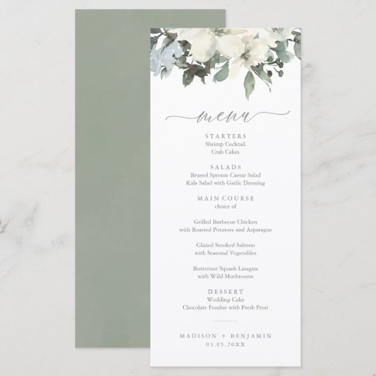 Elegant Ivory Sage Floral Greenery Wedding Menu (Voorkant / Achterkant)