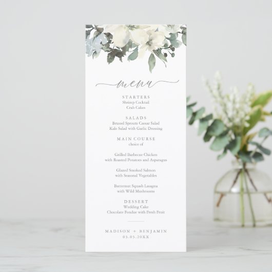 Elegant Ivory Sage Floral Greenery Wedding Menu (Staand voorkant)
