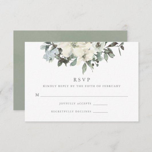 Elegant Ivory Sage Floral Greenery Wedding RSVP Kaartje (Voorkant / Achterkant)