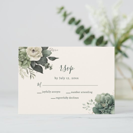 Elegant Ivory Sage Floral Greenery Wedding RSVP Kaartje (Staand voorkant)