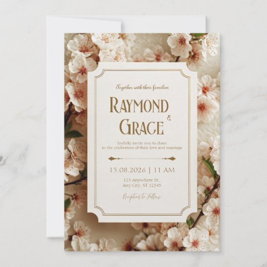Elegant Ivory Sakura Floral Gilded Ticket Wedding Kaart (Voorkant)