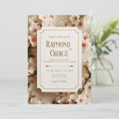 Elegant Ivory Sakura Floral Gilded Ticket Wedding Kaart (Staand voorkant)