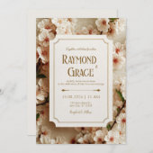 Elegant Ivory Sakura Floral Gilded Ticket Wedding Kaart (Voorkant / Achterkant)