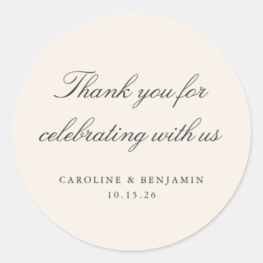 Elegant Ivory Script Wedding Custom Dank u Ronde Sticker (Voorkant)