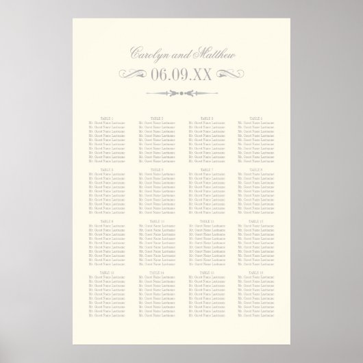 Elegant Ivory Silver Flourish Wedding Seating Poster (Voorkant)