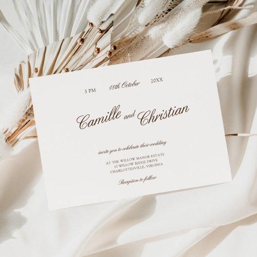 Elegant Ivory & Warm Brown Calligraphy Wedding Kaart